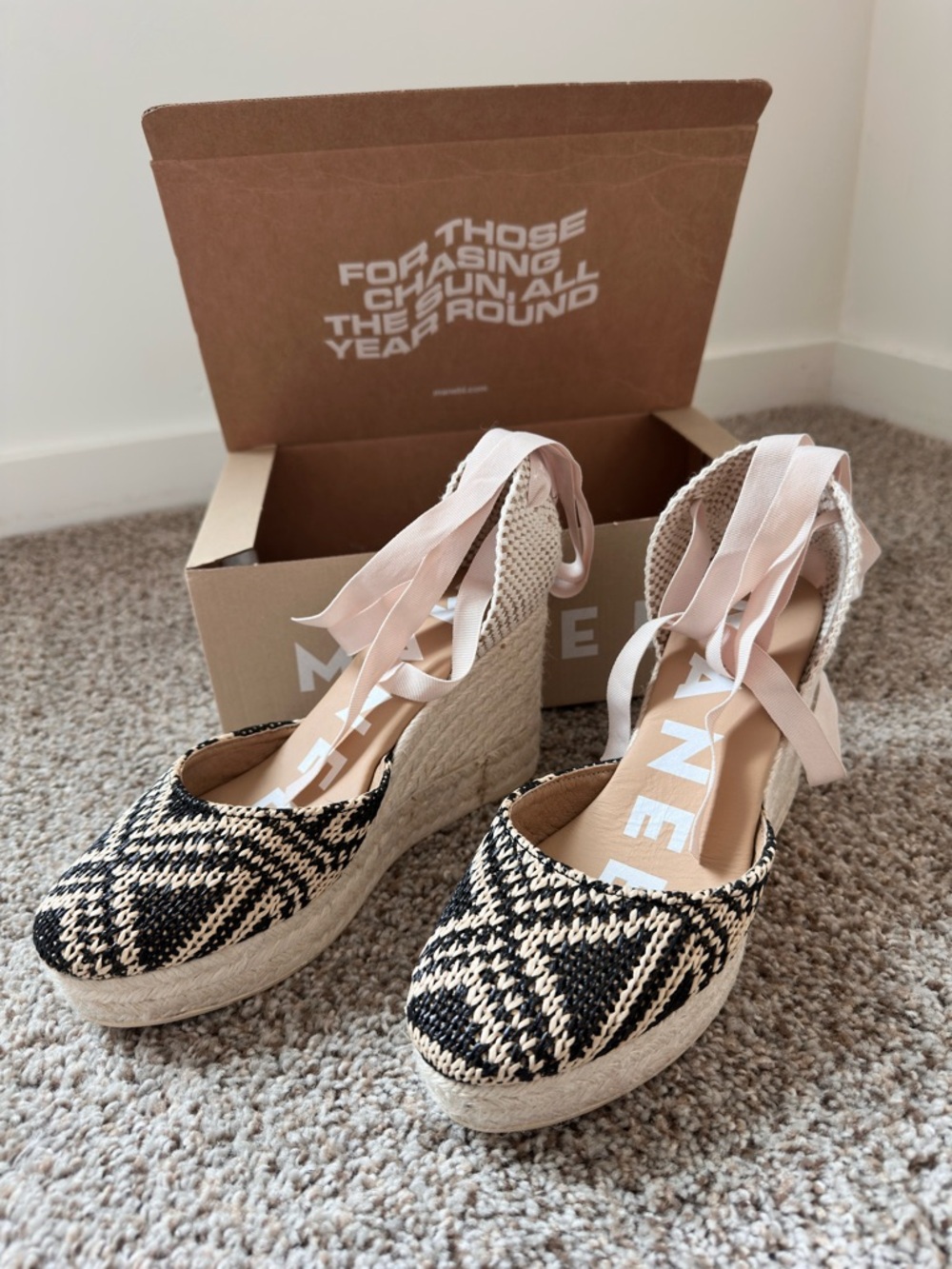 Maje Black & Cream Woven Espadrille Wedges with Blush Ribbon Ties